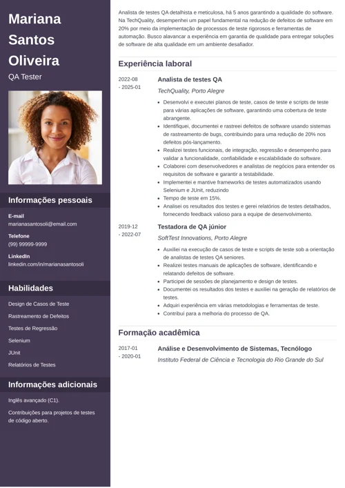 modelo de currículo de testador de software QA