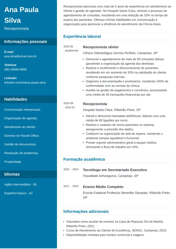 exemplo de currículo para recepcionista