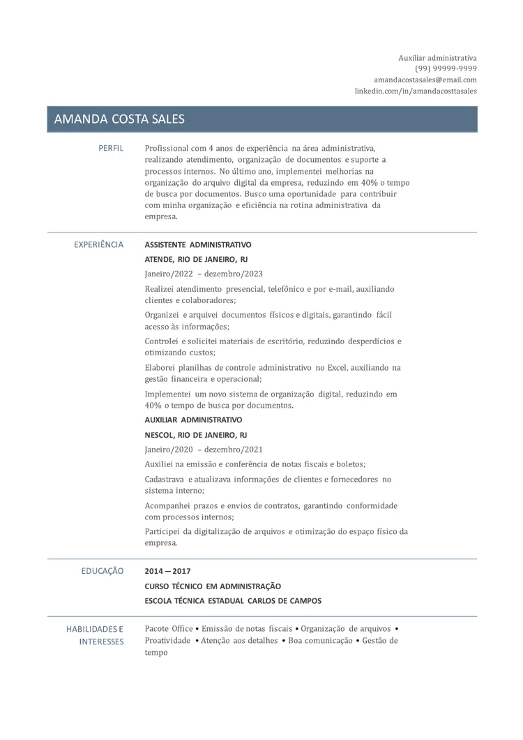 currículo simples do Word modelo gerente de assuntos