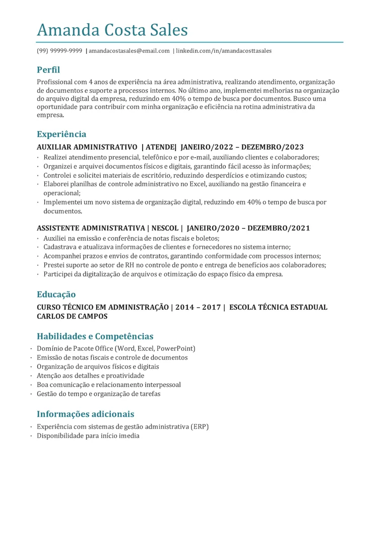 currículo simples do Word modelo gerente de restaurante