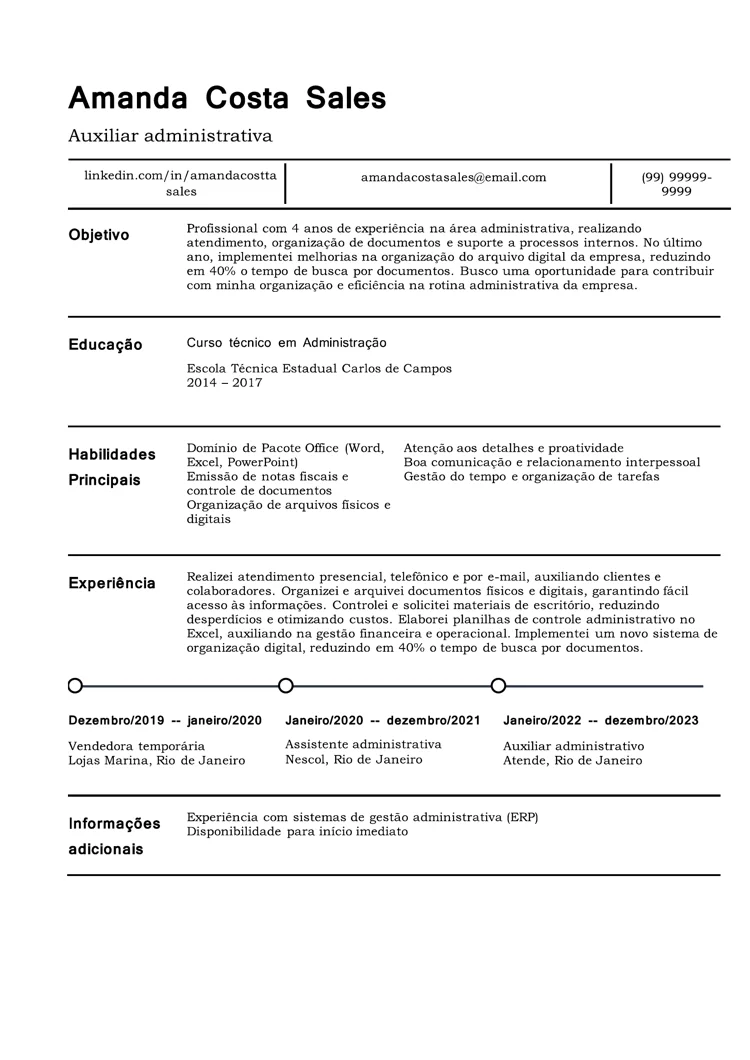 currículo simples no Word modelo clássico para gestão