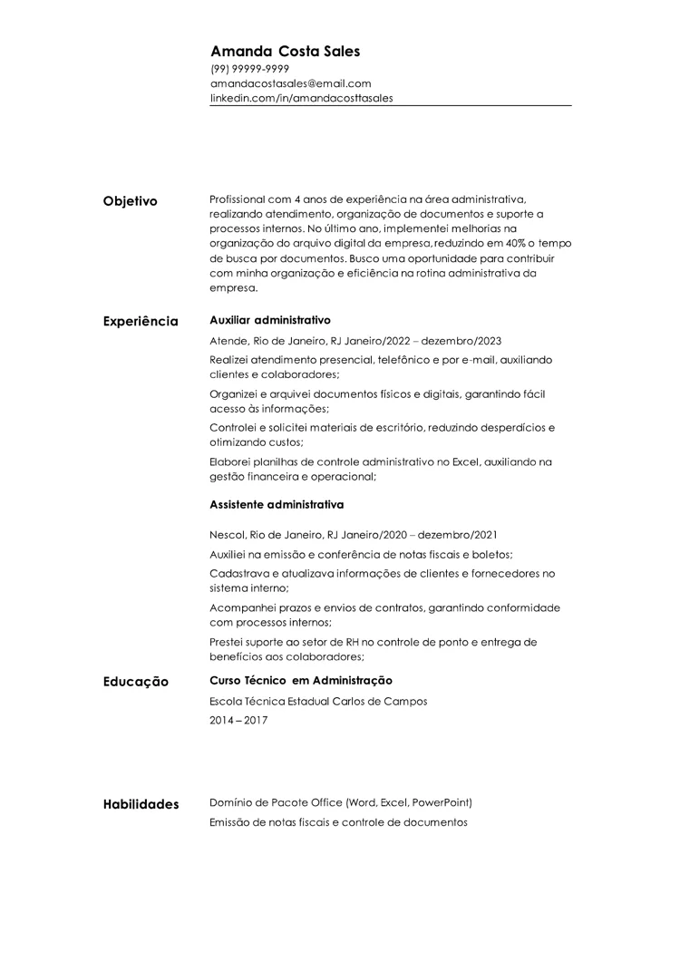 currículo simples do Word modelo cronológico minimalista