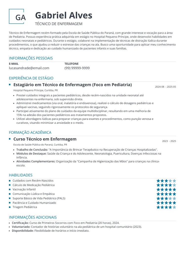 Exemplo de currículo para técnico de enfermagem recém-formado com interesse em pediatria