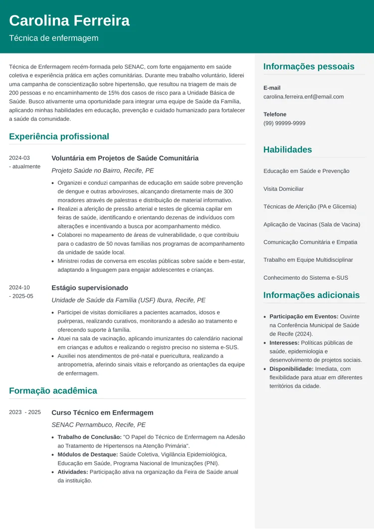 Exemplo de currículo de técnico de enfermagem recém-formado com experiência em ações comunitárias