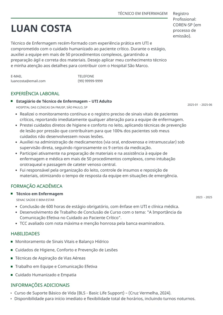 Modelo de currículo de técnico de enfermagem recém-formado com experiência em UTI durante o estágio