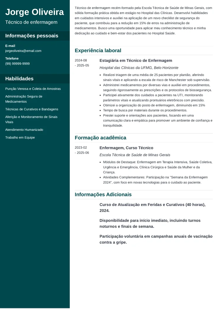 Modelo de currículo de técnico de enfermagem recém-formado