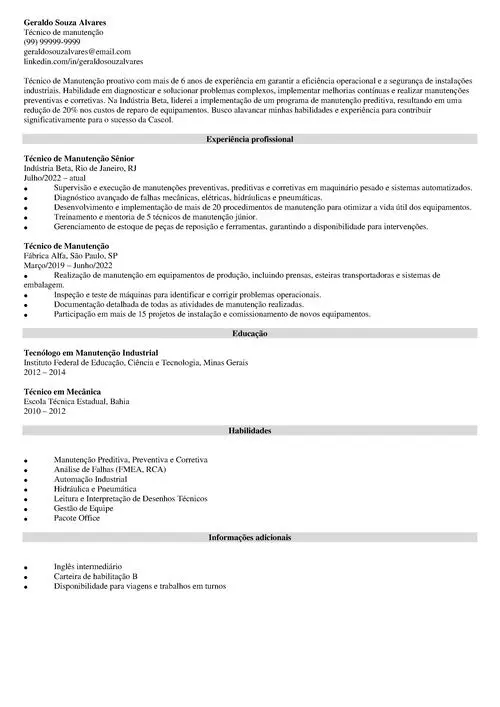 modelo de currículo para técnico de manutenção