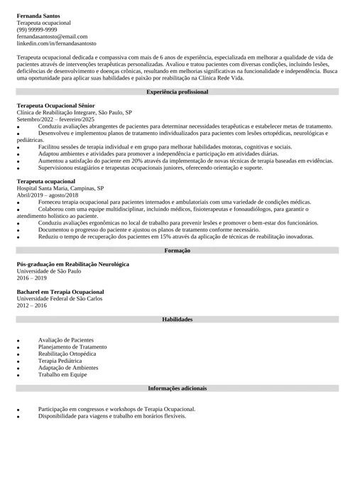 modelo de currículo para terapeuta ocupacional