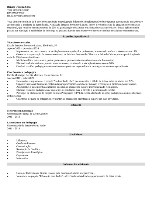 modelo de currículo de vice diretor