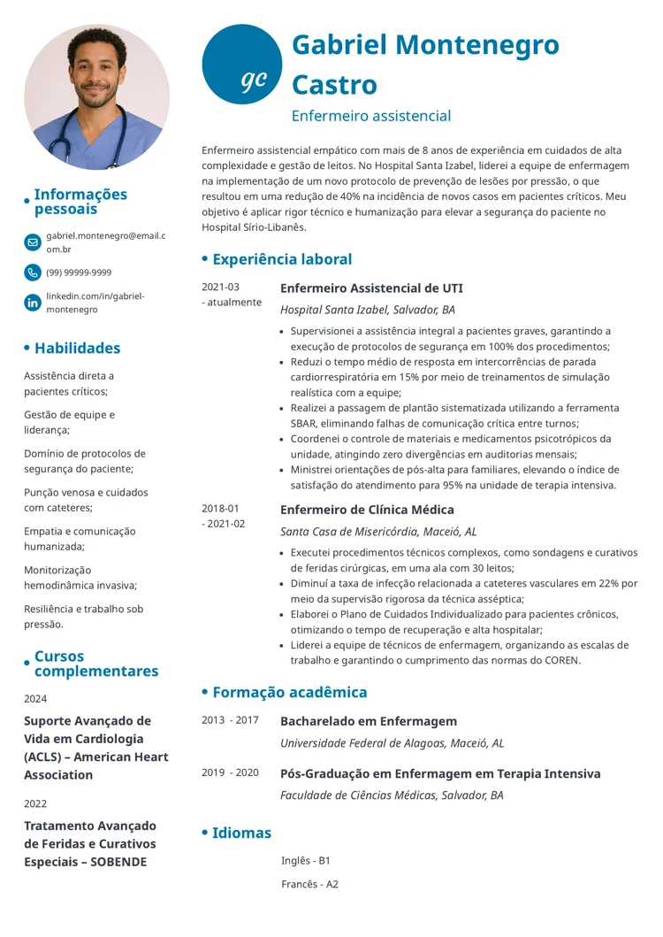 modelo de currículo para enfermeiro assistencial