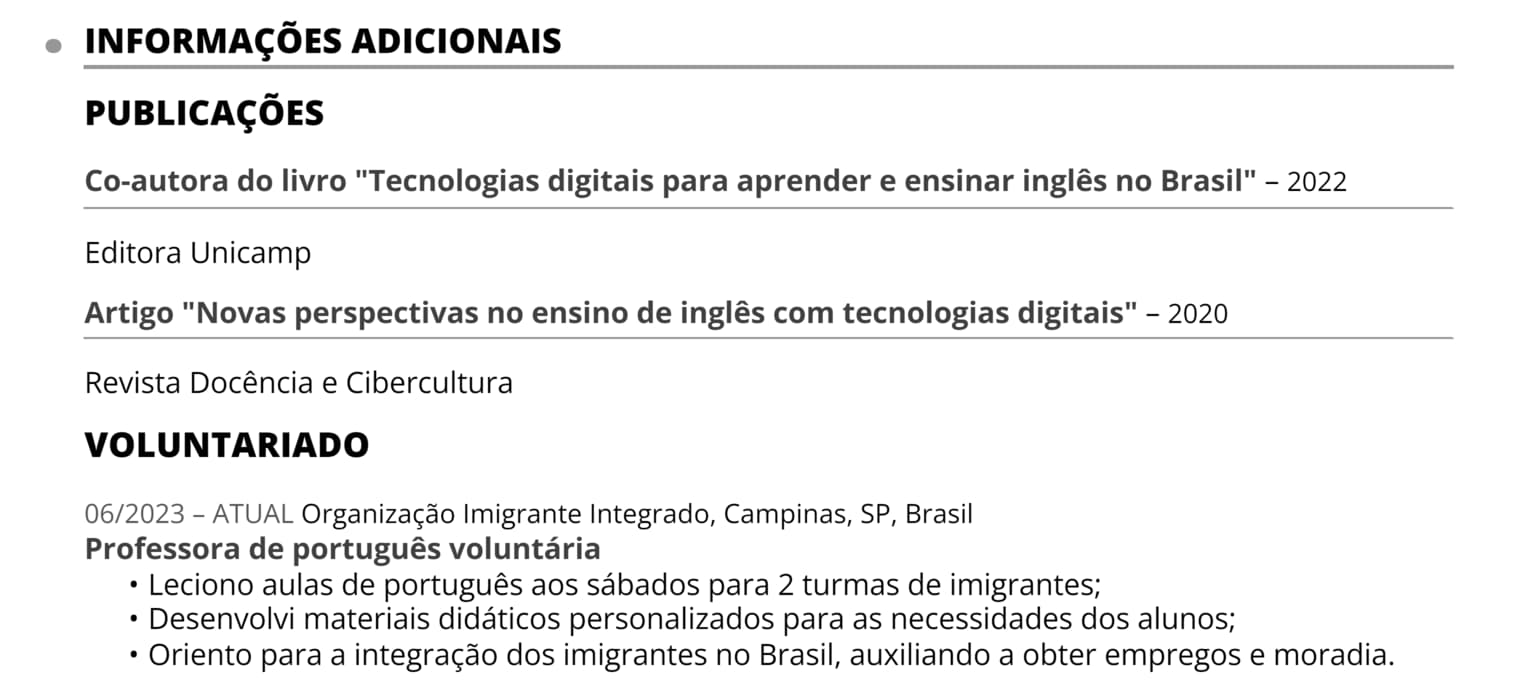 exemplo de informações adicionais no CV Europass