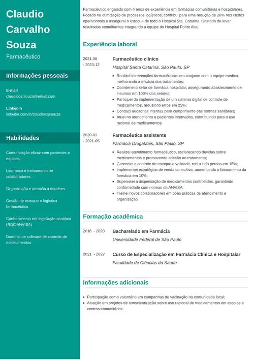 modelo de currículo para farmacêutico pdf