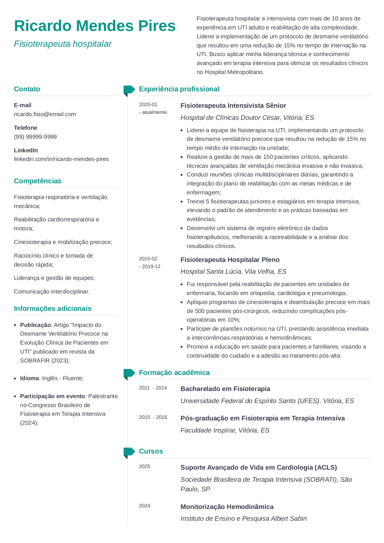 exemplo de currículo de fisioterapeuta hospitalar