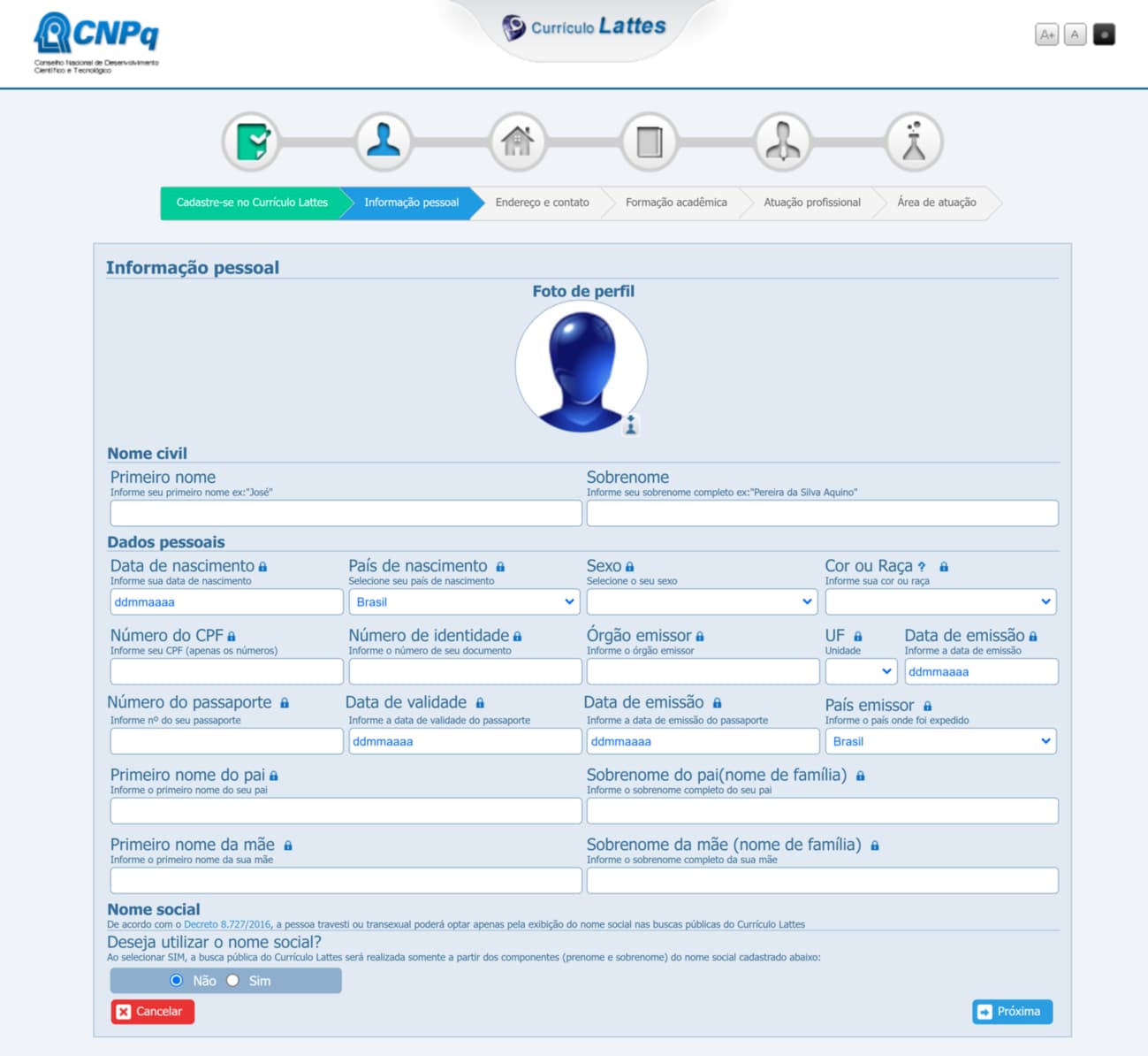 Informação pessoal no Currículo Lattes