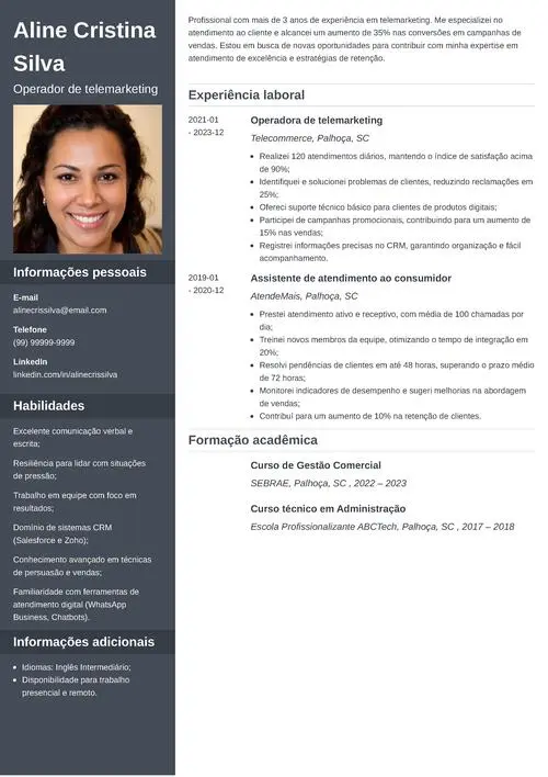 modelo de currículo para operador de telemarketing