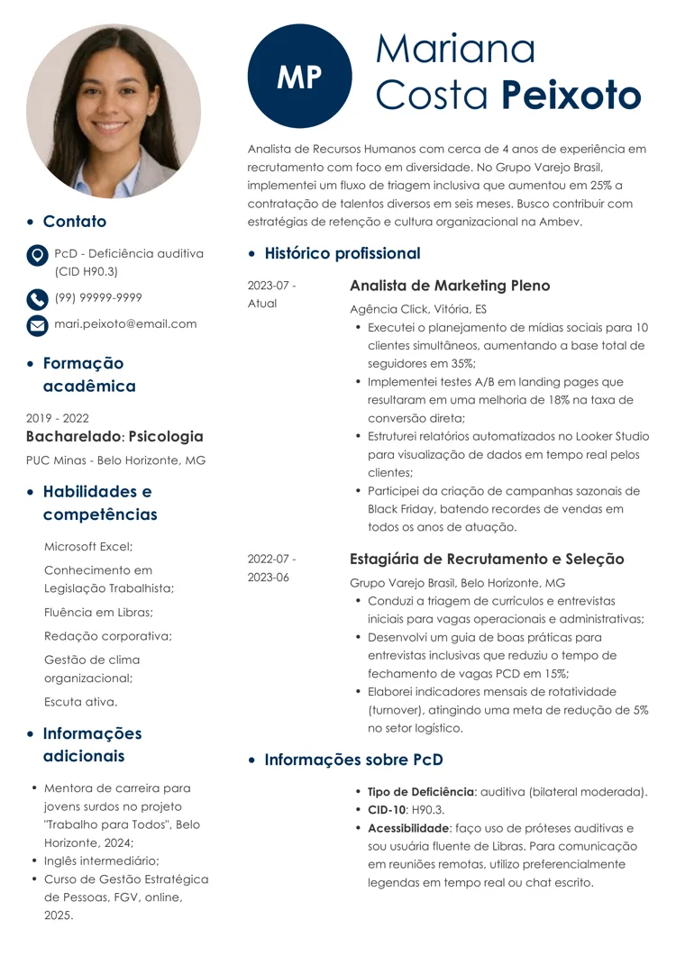 modelo de currículo para PcD