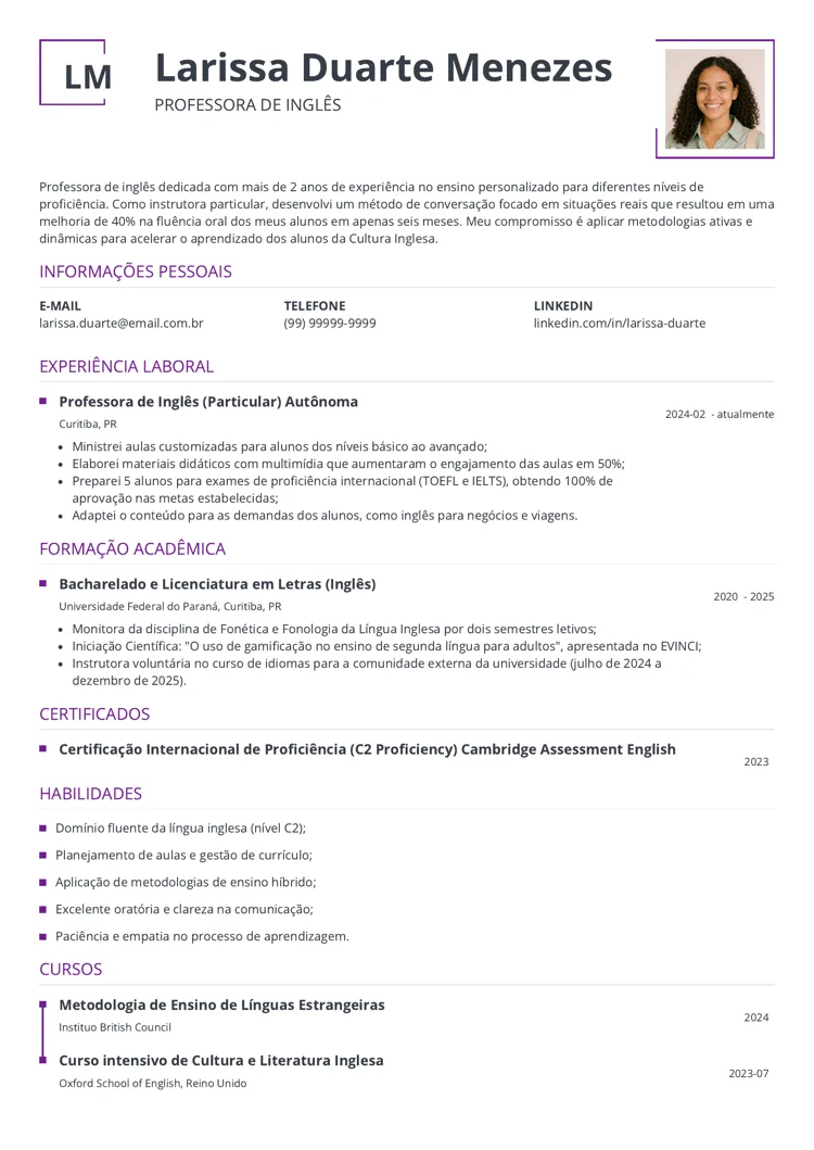 modelo de currículo para professor de inglês iniciante