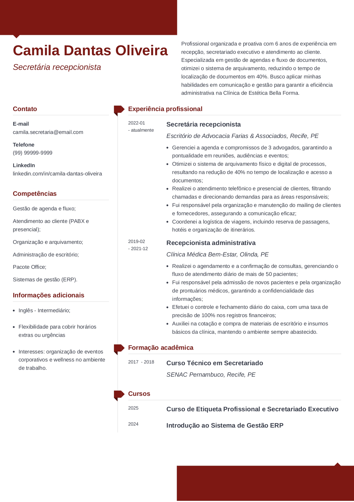 exemplo de currículo de secretária recepcionista