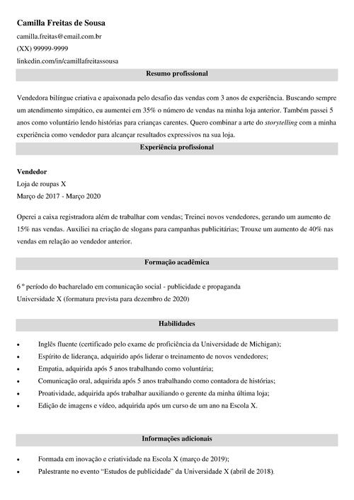 Curr culo Para Vendedor De Loja Como Fazer Modelo Pronto