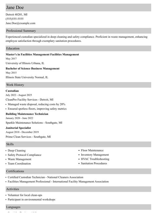 Custodian Resume Sample