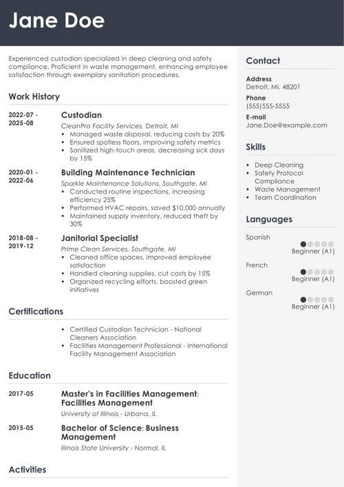 Custodian Resume Sample