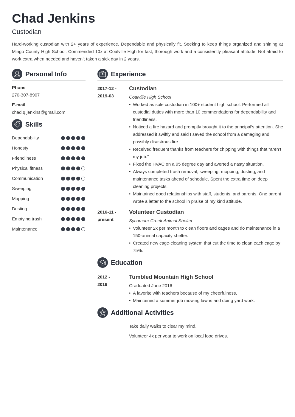 custodian resume example template crisp