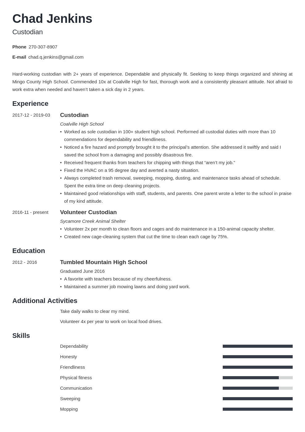 custodian resume example template minimo