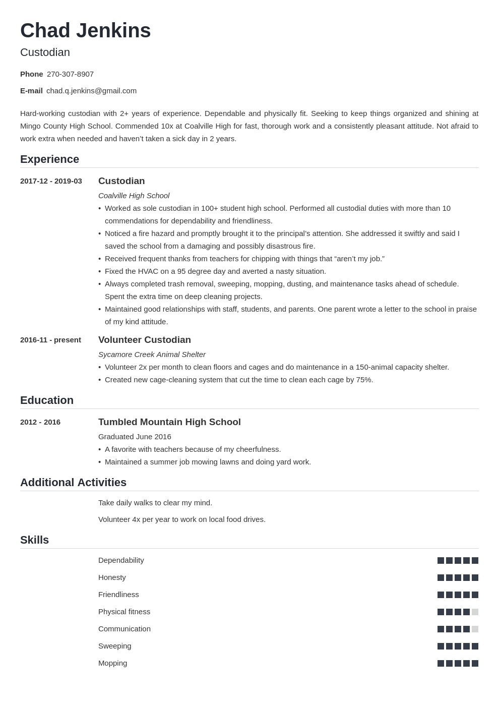 Custodian Resume (Sample Job Description & Skills)