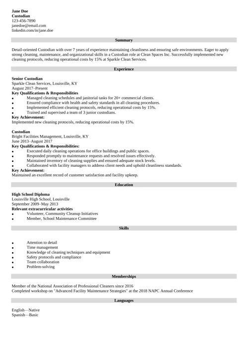 Custodian Resume Sample