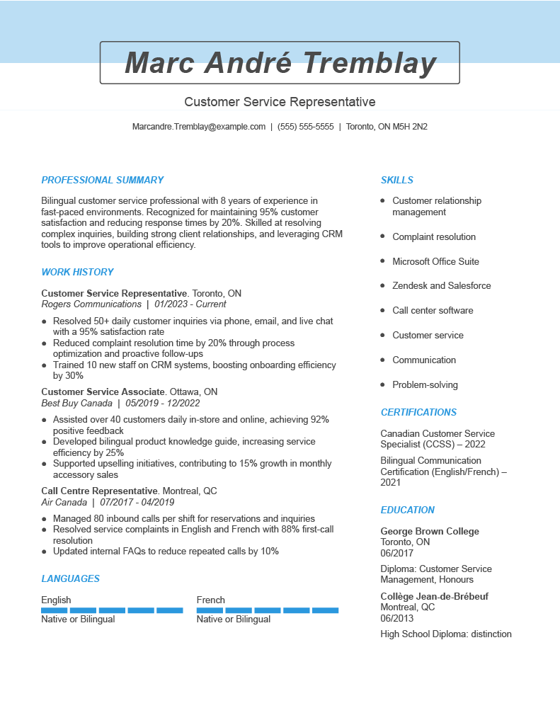 Customer Service Representative Canadian Resume Example