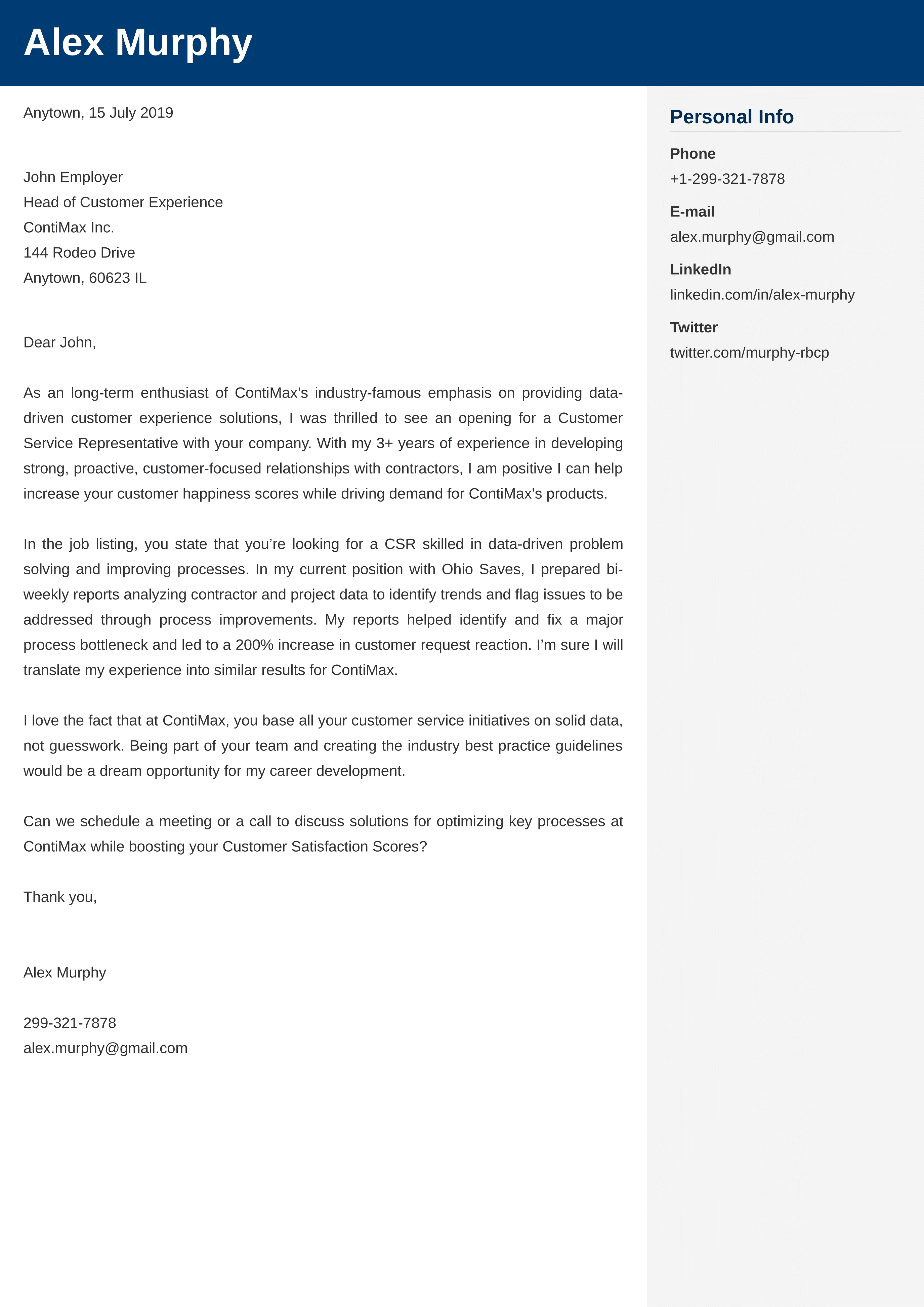 cover letter for a customer care position