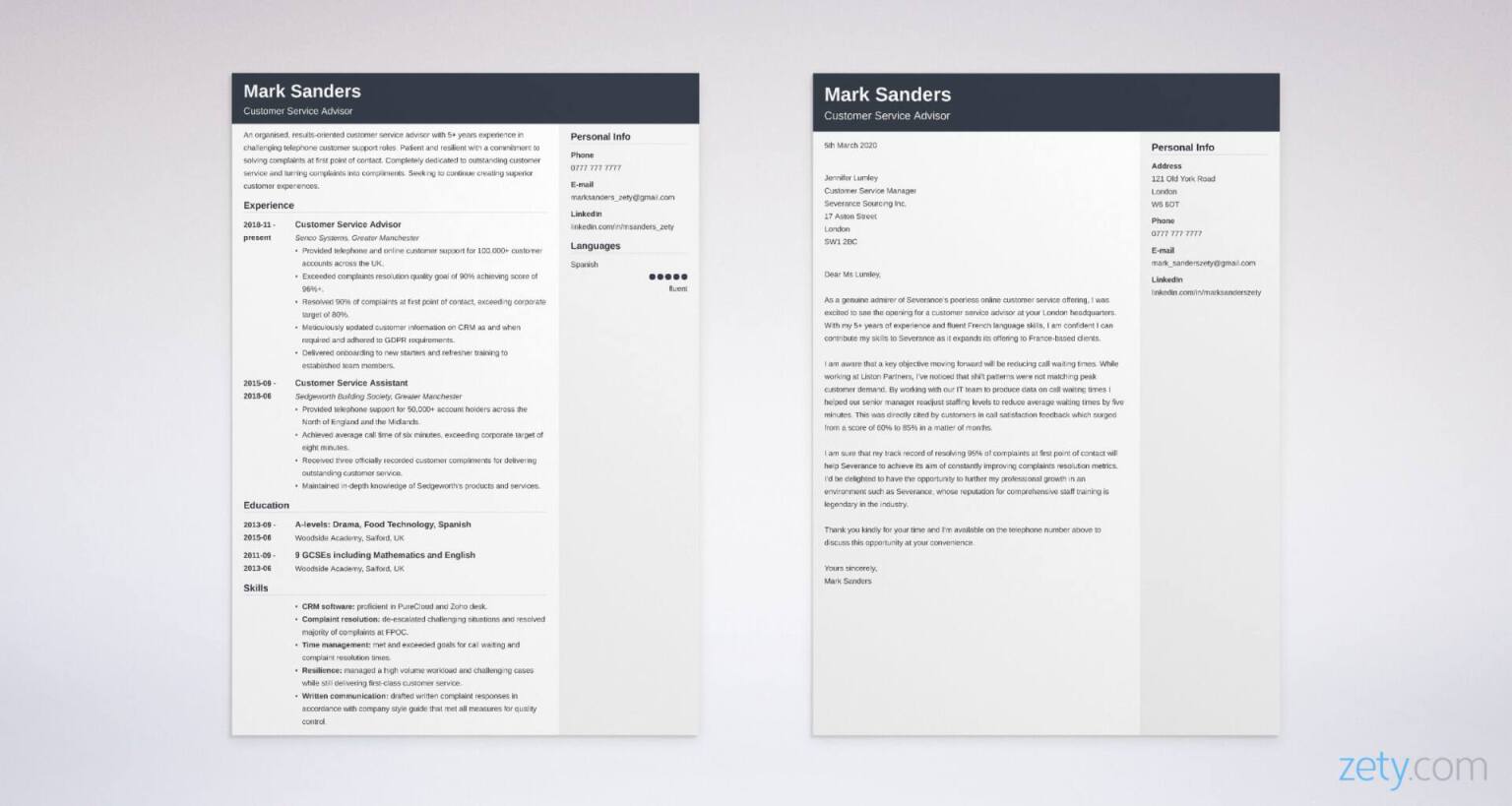 customer service cv and cover letter set