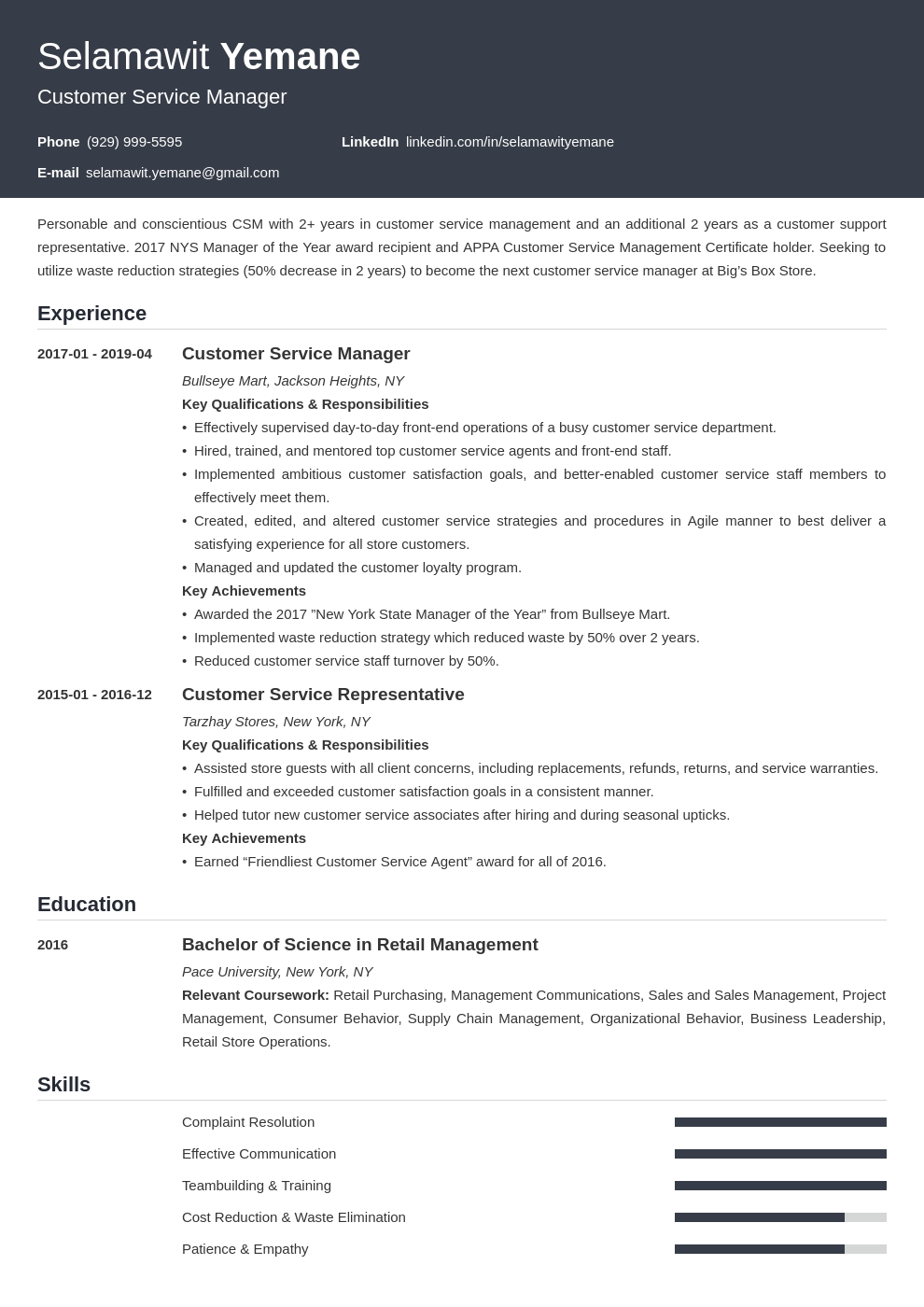 manager resume customer service