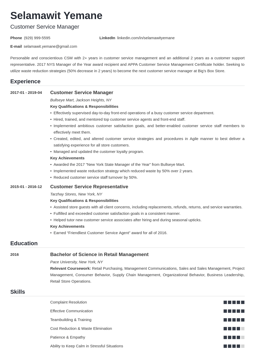 Customer Service Manager Resume Sample For 2024