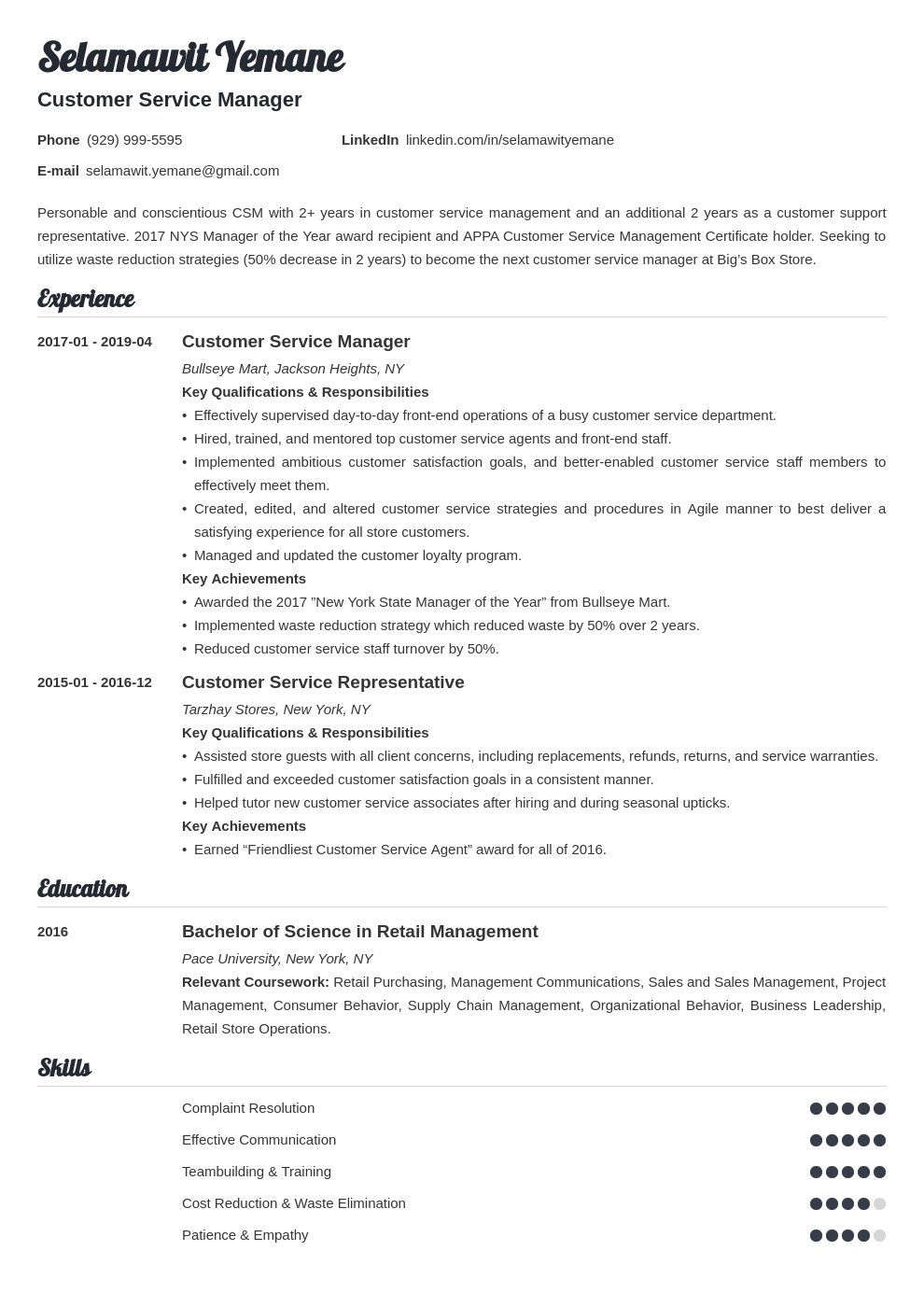 Customer Service Manager Resume Sample for 2024