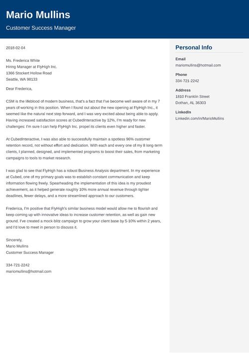 customer success manager cover letter example