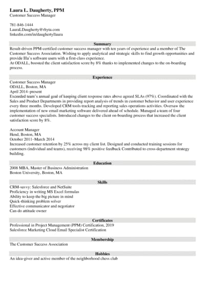 Customer Success Manager Resume Samples Summary   Customer Success Manager Resume Example Zety Us 4 