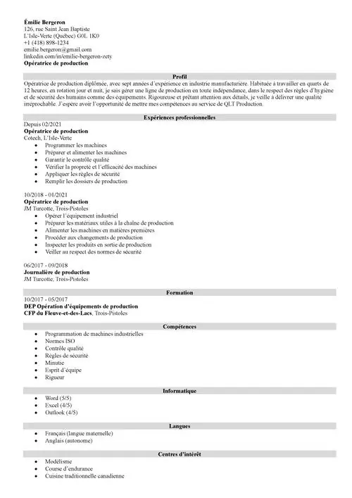CV chronologique opératrice de production sans photo en noir et blanc