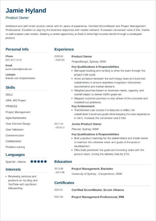 resume format for job in australia