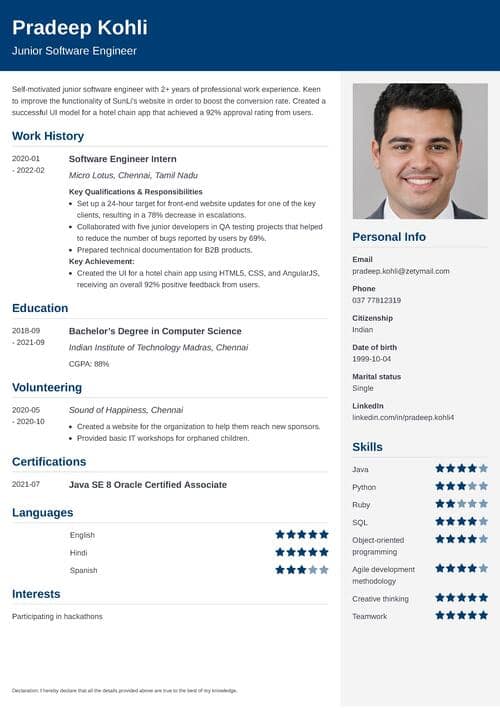 CV for Freshers Example