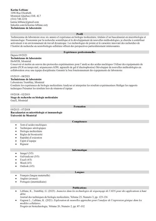 Exemple de CV de technicienne de laboratoire, sans photo, en noir et blanc