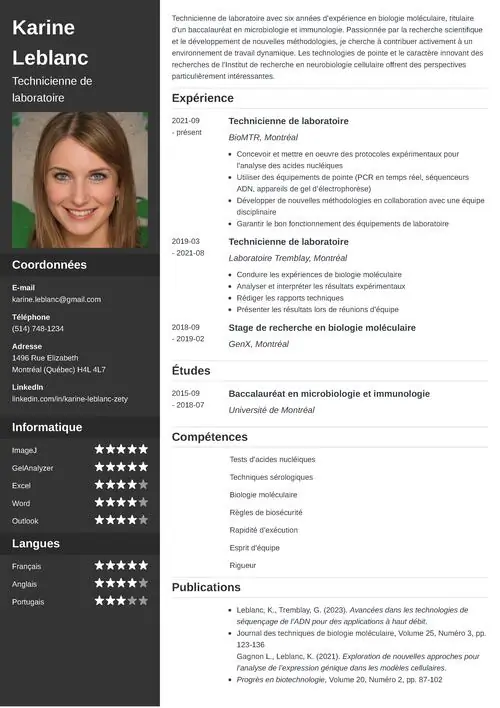 Exemple de CV de technicienne de laboratoire, avec photo et colonne latérale noire