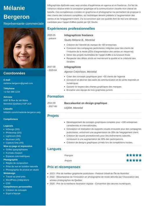 Exemple de CV mixte infographiste avec photo et colonne latérale bleue