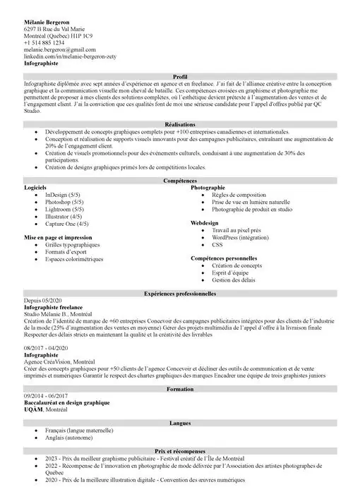 Exemple de CV mixte sans photo en noir et blanc