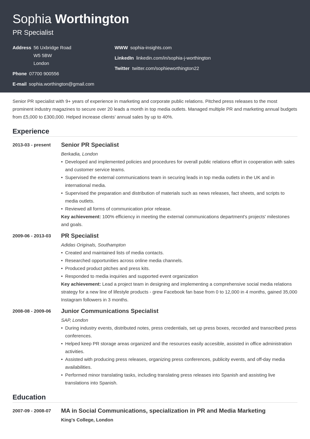 personal profile resume template