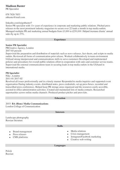 simple personal statement cv