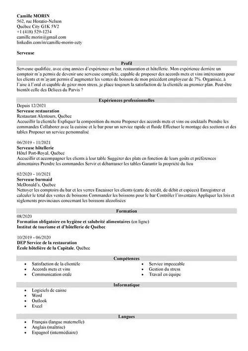 Exemple de CV serveur sans photo en noir et blanc