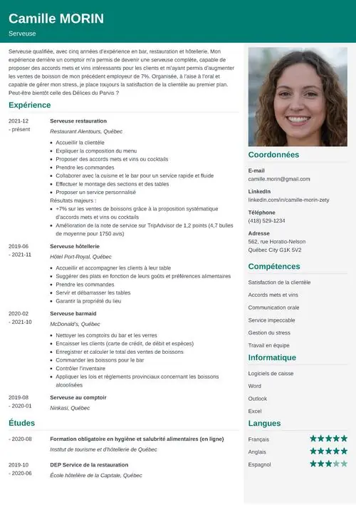 Exemple de CV de serveuse avec photo et en-tête couleur vert foncé