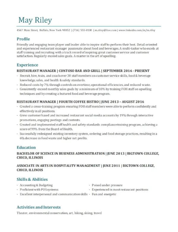 Restaurant manager CV template from Word