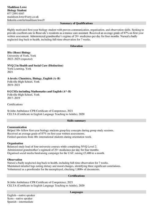 cv with no experience example